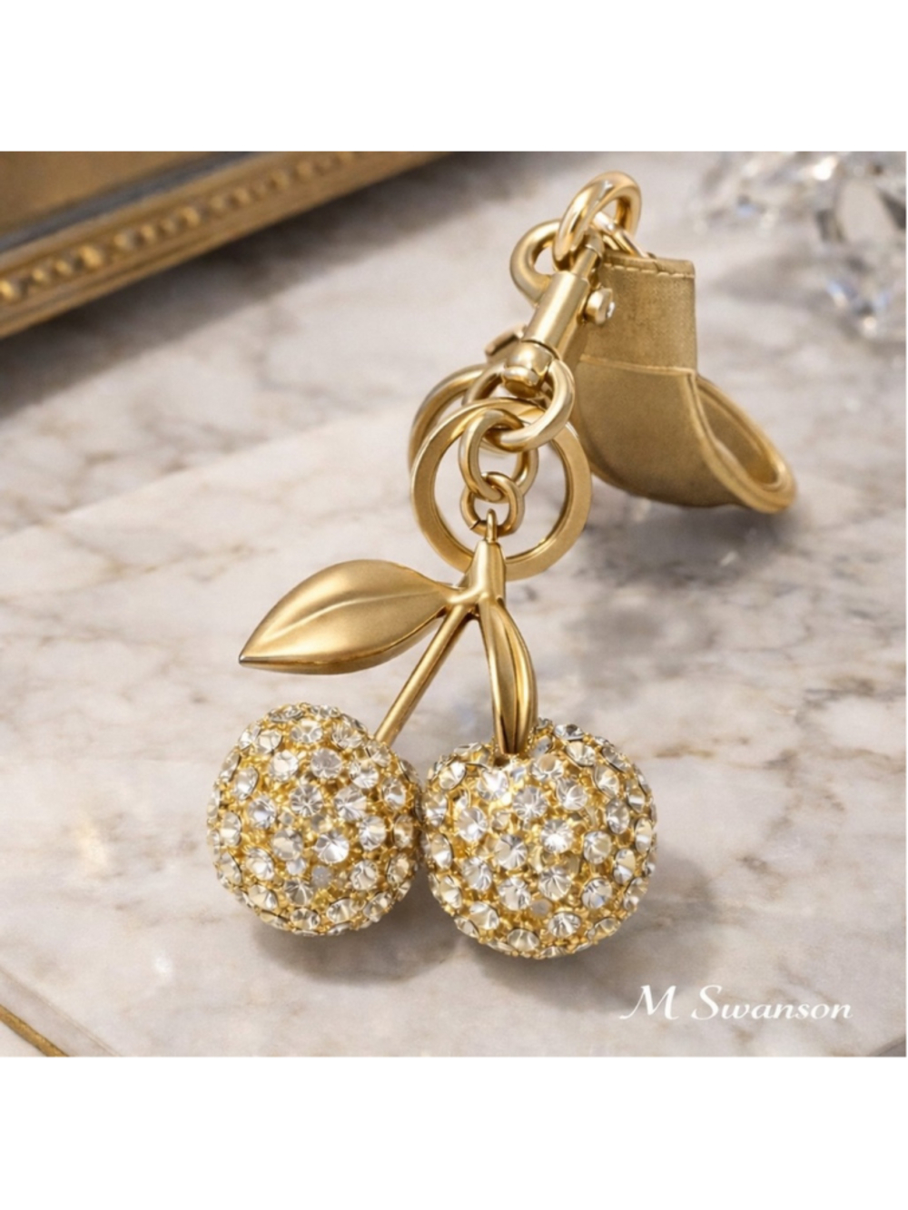 NEW Brushed Gold Rhinestone Cherry Charm Keychain NWT